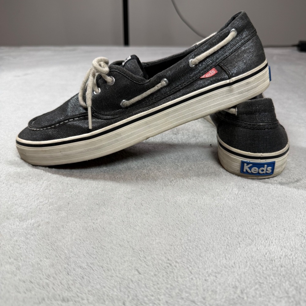 Keds Boat Shoes Womens 9.5 Black Denim Canvas Shimmer Moc Toe WF51344